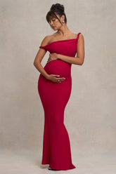 Red Twisted Asymmetric Maternity Maxi Dress